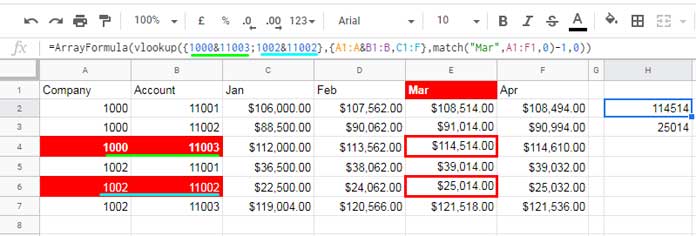 Three-way Lookup Array Formula in Google Sheets