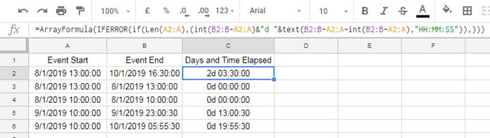 Array formula to calculate elapsed days and time between two dates in Google Sheets