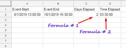 Find elapsed time using INT function in Google Sheets
