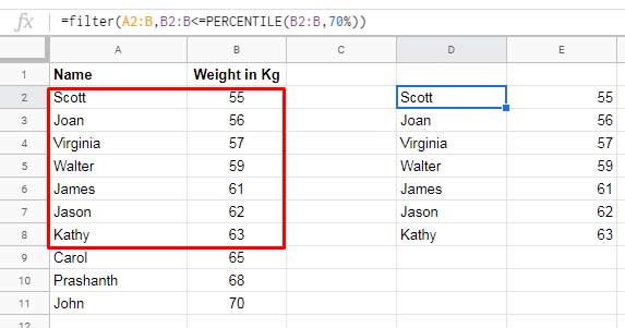 Filter with Percentile Function in Google Sheets