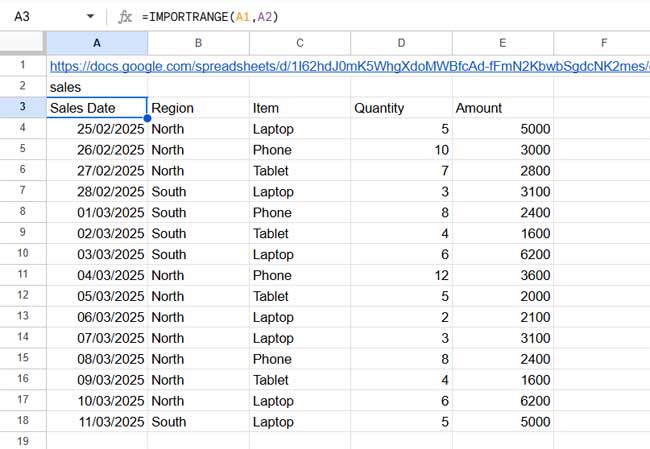 Using the IMPORTRANGE function with named ranges in Google Sheets for data import