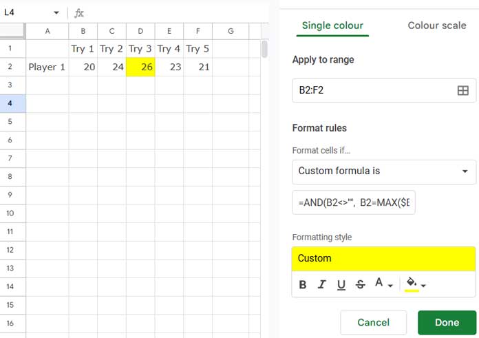 Highlighting the max value in a row in Google Sheets