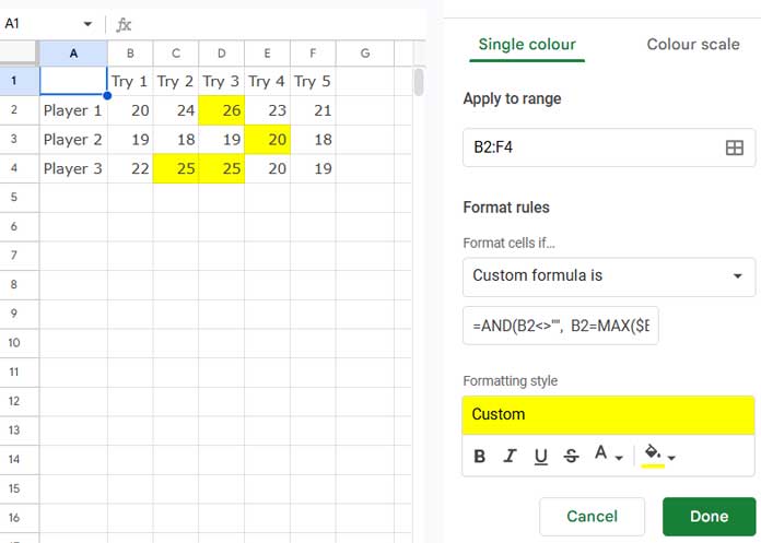 Highlighting the highest value in each row in Google Sheets