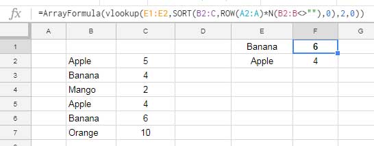 VLOOKUP from bottom to top with multiple criteria in Google Sheets