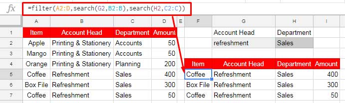 Steps to create a two column Search Box in Google Sheets
