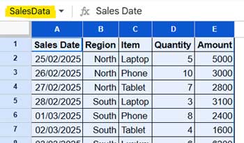 Example of naming a range using the Name Box in Google Sheets