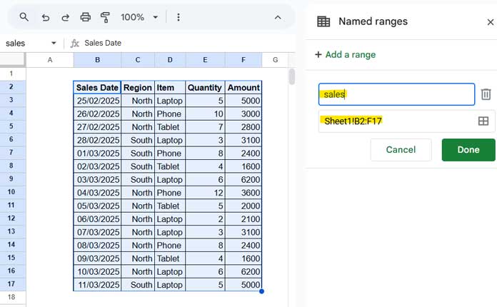 Creating a named range for data import in Google Sheets