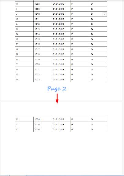 the page # 2 to repeat header row