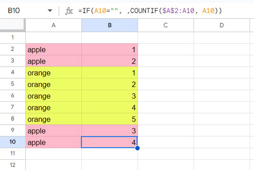 Running count of occurrences using a non-array formula in Sheets