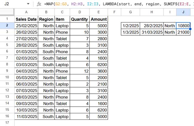 SUMIFS array formula using MAP and LAMBDA to conditionally sum date ranges