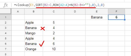 VLOOKUP from bottom to top with a single criterion in Google Sheets