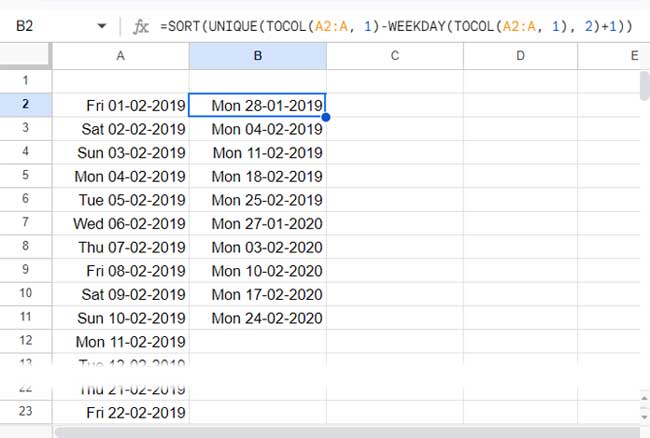 Formula to Extract Unique Calendar Week Start Dates