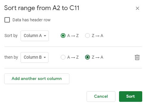 manual sorting of data in google Docs Sheets