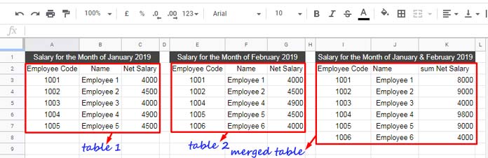 Merge Two Tables in Google Sheets - Type 1