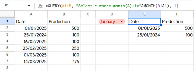 Example of QUERY formula filtering a date column by month name in Google Sheets