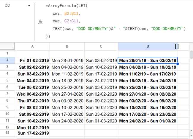 Combined Unique Calendar Week Start and End Dates