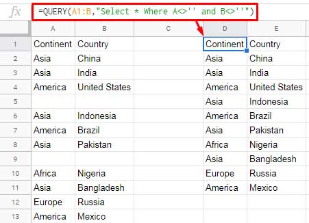 Example formula to filter out blank rows - Query based