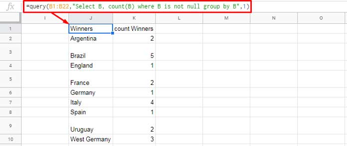 Example shows the Query group by output with default sorting
