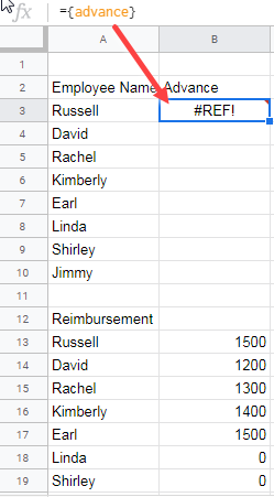 REF error in Named Ranges in Google Sheets