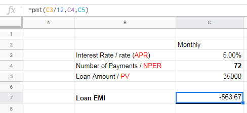 Calculate the monthly payment for a Car Loan - Example