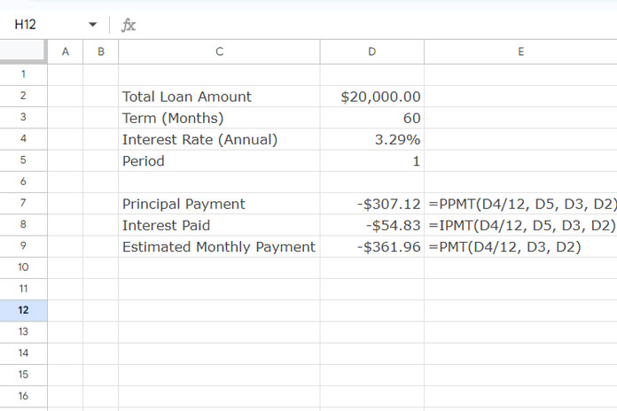 Examples of PPMT Function in Google Sheets