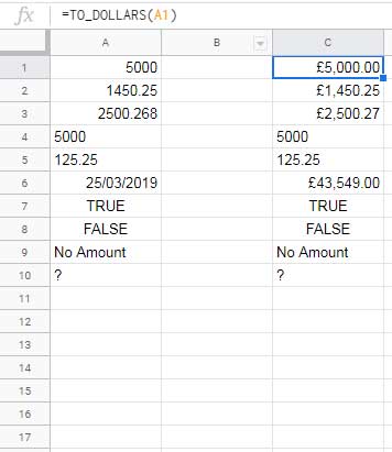 Formula examples to To_Dollars in Sheets