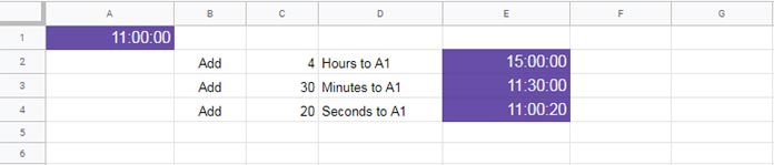 Add hours, minutes, seconds to time in Google Sheets