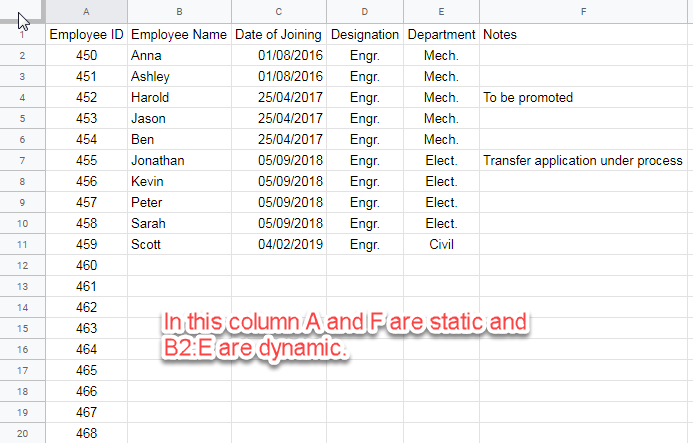 Align Imported data with manually entered data in Google Sheets