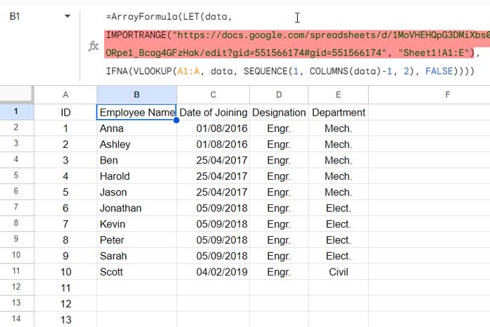 Key formula for aligning imported data with manually entered data