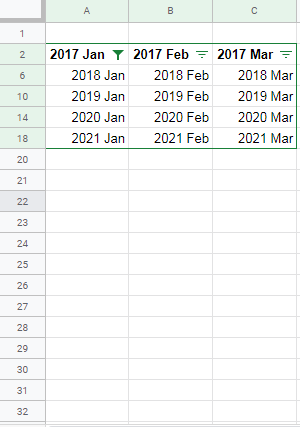 Filtered dataset displaying only every 4th row, ready for deletion in Google Sheets