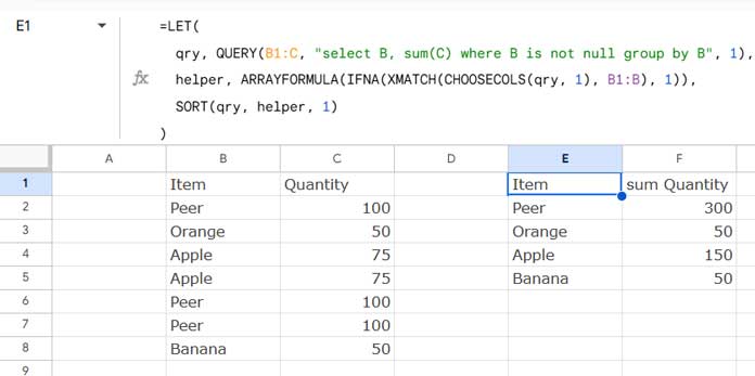 Example showing how to fix auto-sorting issue in QUERY GROUP BY using LET, XMATCH, and SORT in Google Sheets