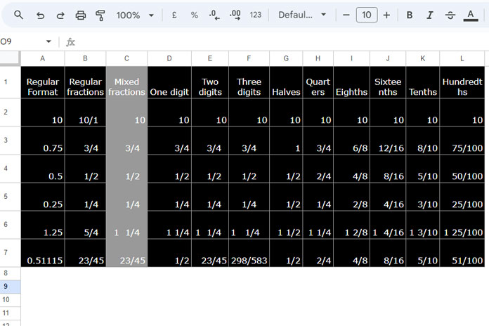 Formatting Numbers as Fractions in Google Sheets