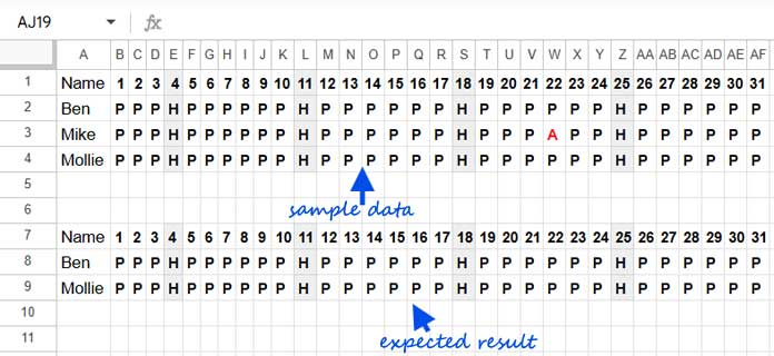 Example of simplifying multiple column conditions in Google Sheets QUERY function