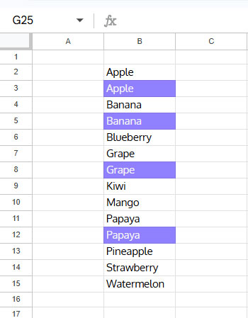 Google Sheets highlighting visible duplicates while leaving the first occurrence unhighlighted