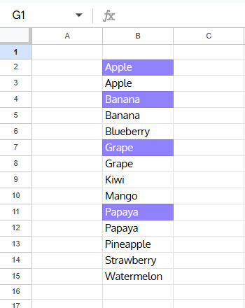 Google Sheets highlighting visible duplicates while leaving the last occurrence unhighlighted