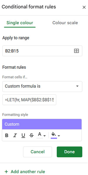 Google Sheets conditional formatting settings for applying a custom formula to highlight duplicates