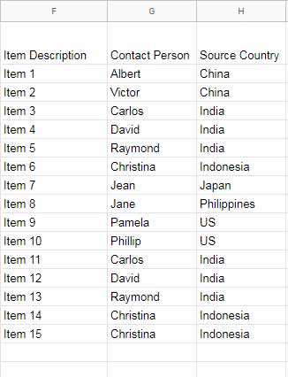 Data table for real-time filtering in Google Sheets