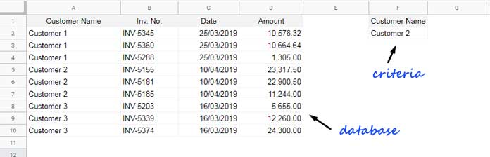 Criteria use in database functions in Google Sheets