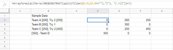 Take numbers outside of square brackets in Google Sheets