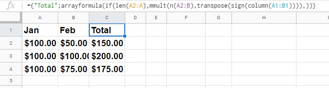 Sum each row in Google Sheets using MMULT array formula