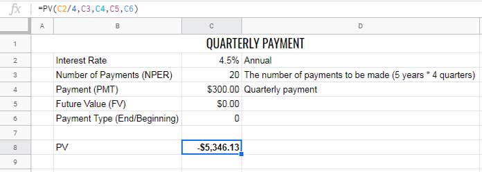 Present Value in quarterly payment