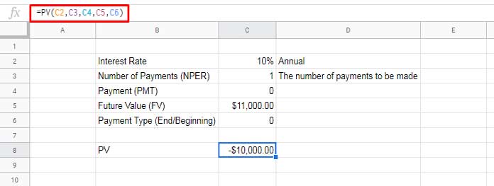 Formula example to the PV function in Google Sheets