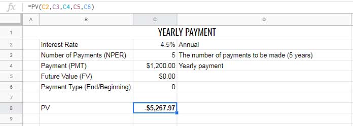 PV Yearly Payment calculation in Sheets