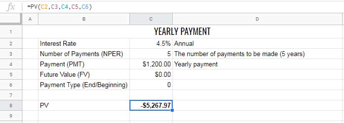 Calcul de la valeur actuelle dans le paiement annuel sur Sheets