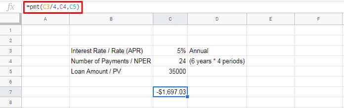 pmt function in google sheets and formula examples