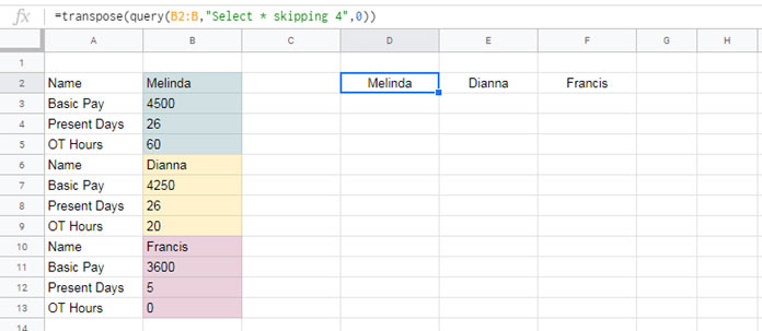 Transpose a Query skipping output