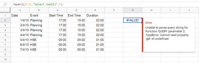 SUM returns error in Query that involves time calculation