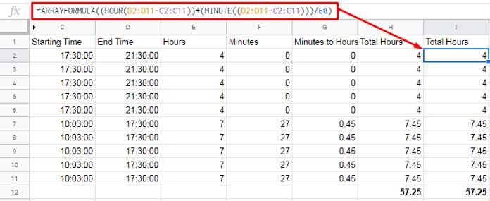 Arrayformula to Sum time difference in payroll