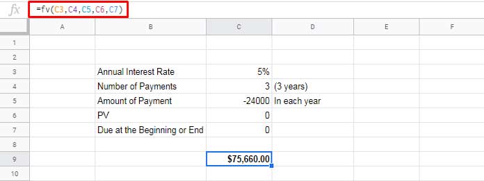 How to use the FV function in Google Sheets in yearly payments