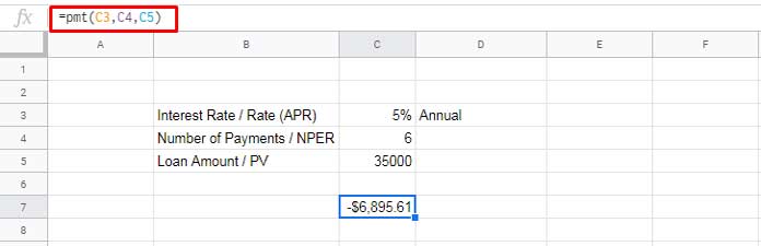 PMT function in Sheets to calculate the yearly payment